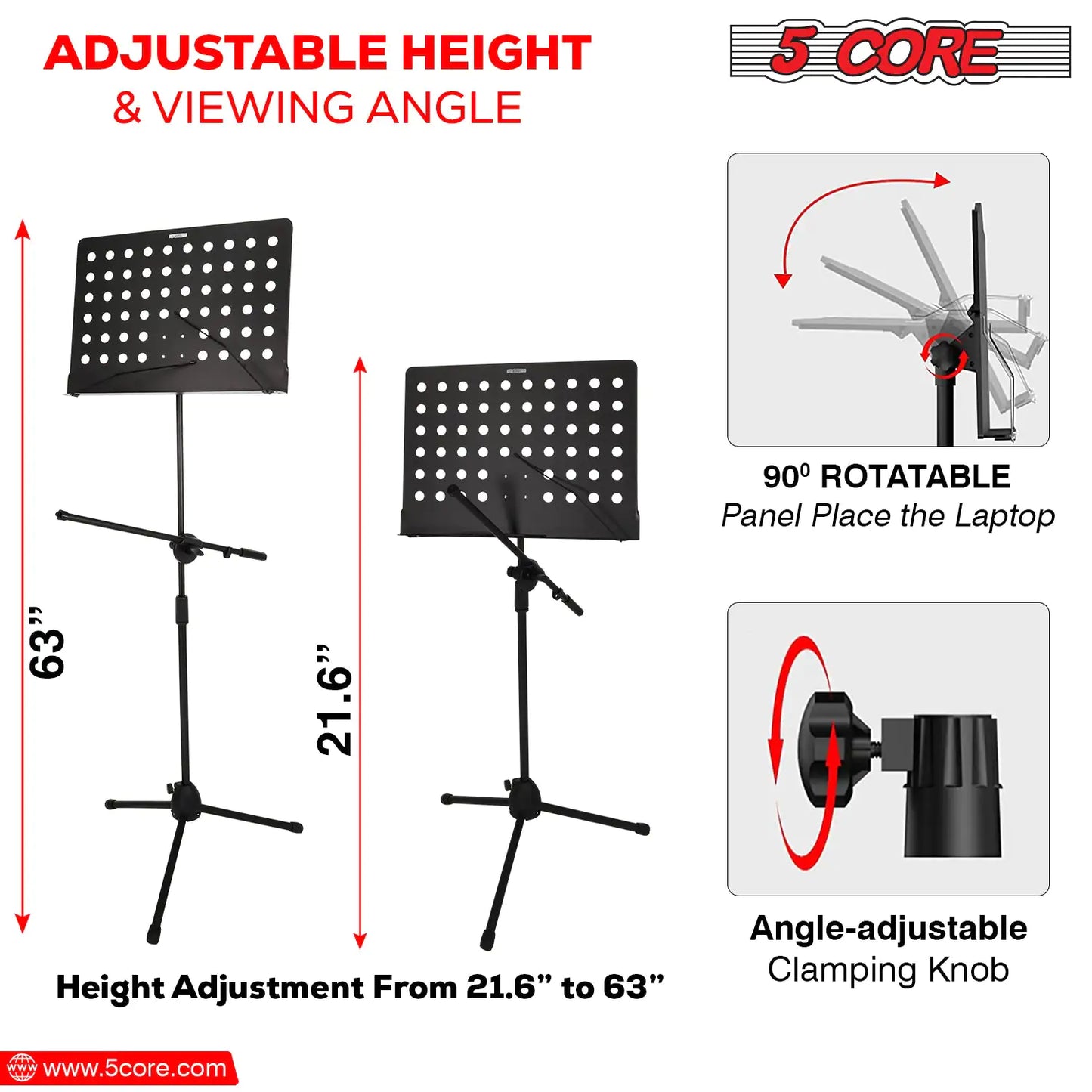 5Core Music Stand For Sheet Music Portablr Folding Tripod + Detachable Mic Holder