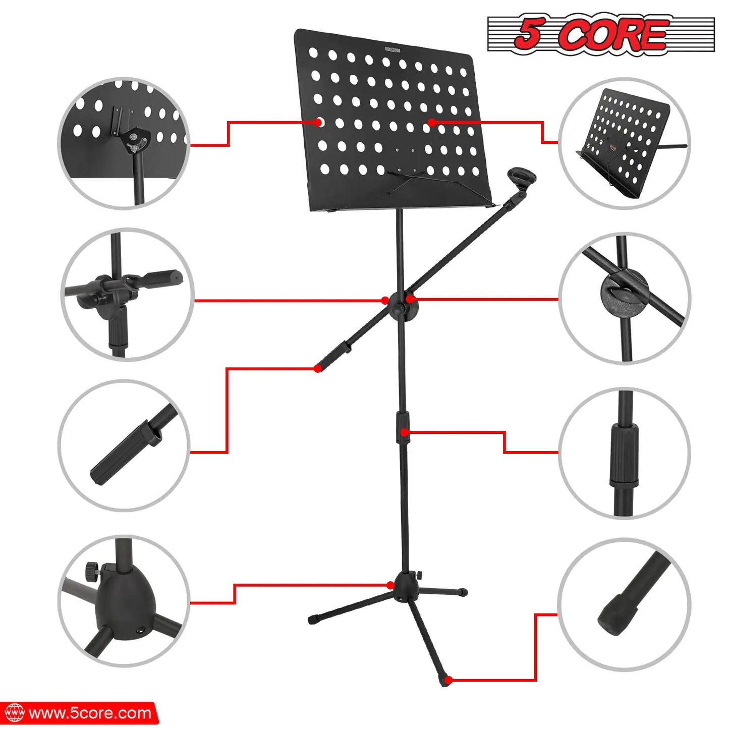 5Core Music Stand For Sheet Music Portablr Folding Tripod + Detachable Mic Holder