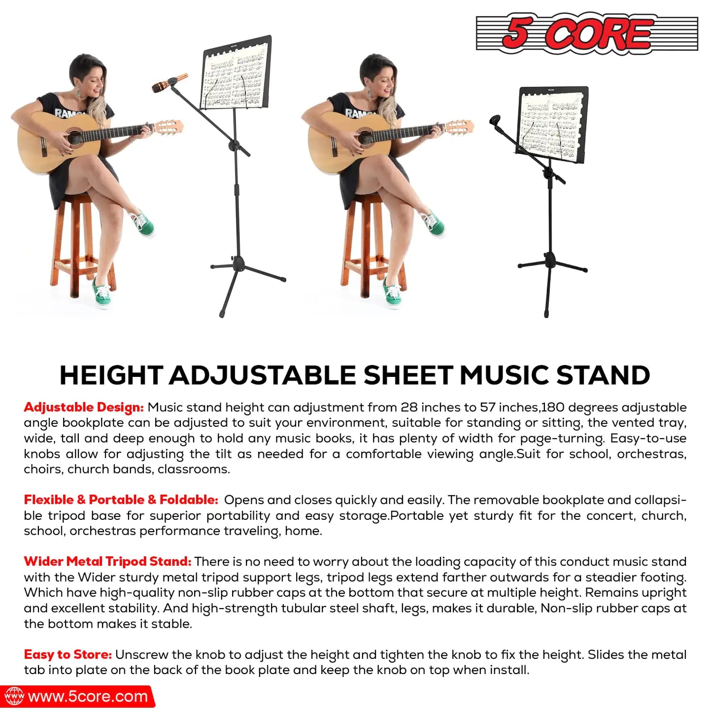 5Core Music Stand For Sheet Music Portablr Folding Tripod + Detachable Mic Holder